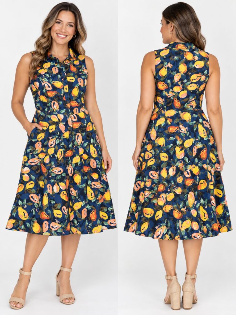 London Times Fruit Print Button Front Midi Dress Navy Size 14